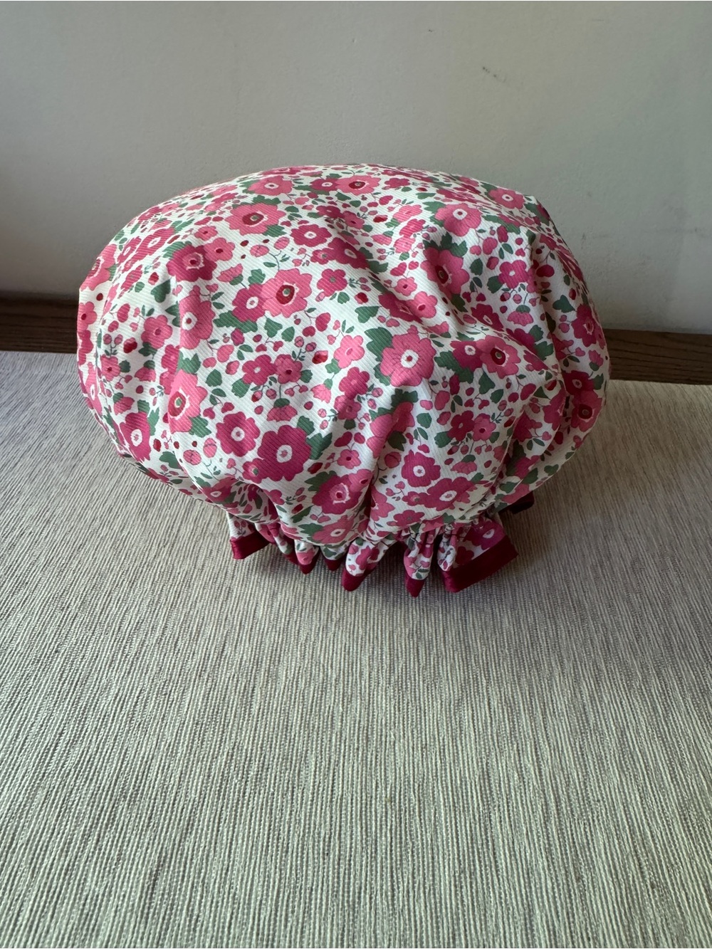 Floral Pink Shower Cap with Elastic Ruffle